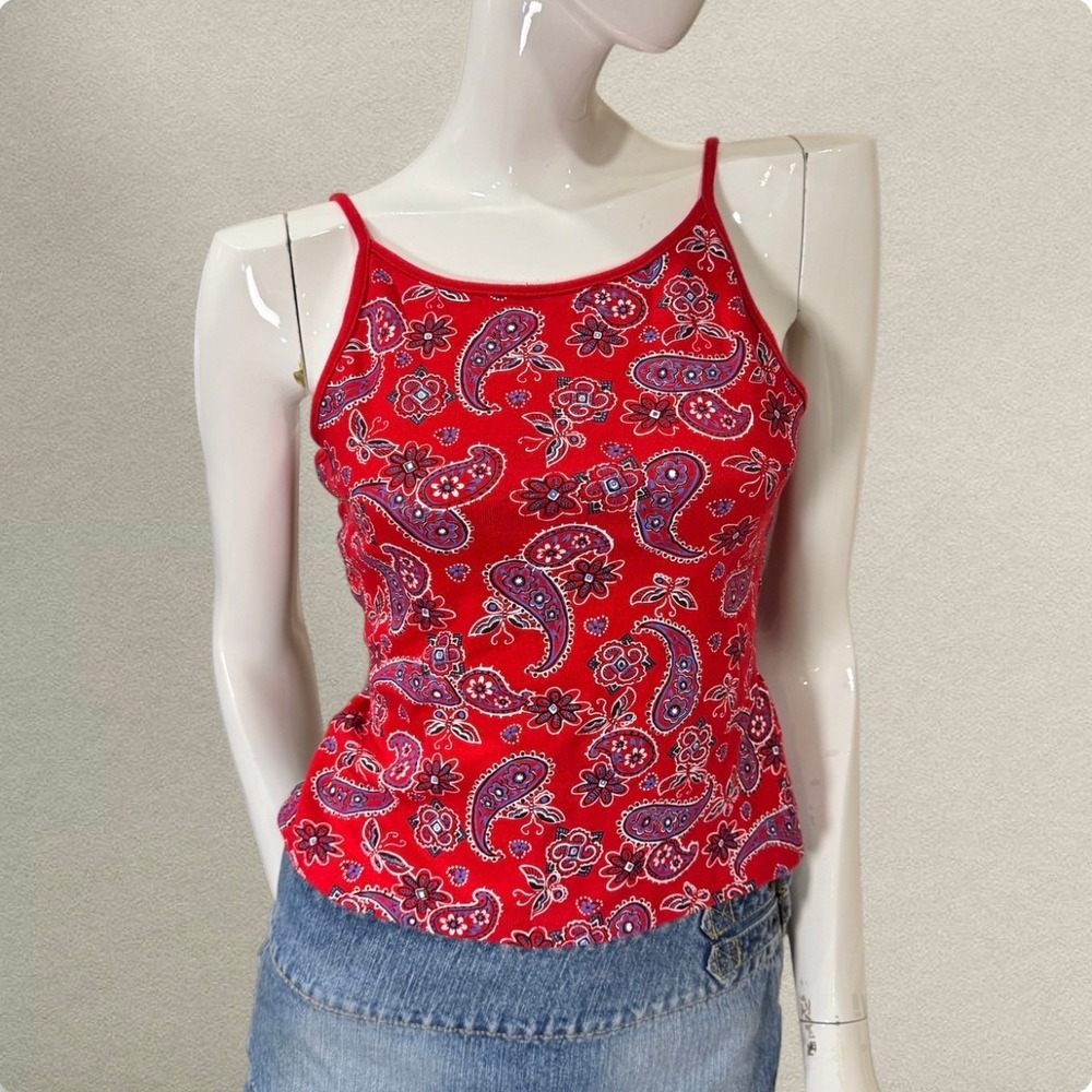Energie Red Paisley Camisole Tank Top Y2K Fitted Shelf Bra S / M Cotton Sporty - Picture 2 of 8